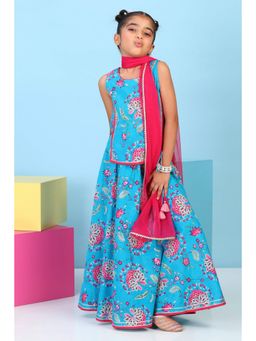 Biba - Girls Turquoise Cotton Printed Straight Lehenga With Choli & Dupatta