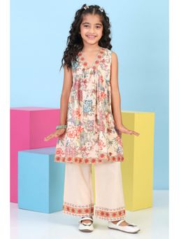Biba - Girls Beige Cotton Printed Gathered Kurta With Palazzo