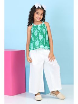 Biba - Girls Green Cotton Printed A-Line Top With Pant