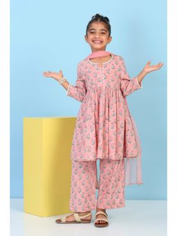 Biba - Girls Peach Cotton Printed Gathered Kurta With Palazzo & Dupatta