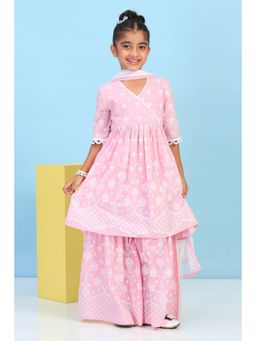 Biba - Girls Pink Cotton Printed A-Line Kurta With Sharara & Dupatta