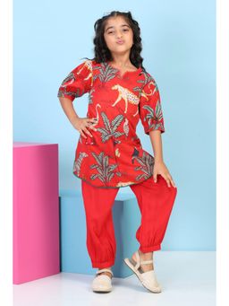 Biba - Girls Red Cotton Printed Straight Kurta With Salwar