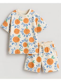 Googo Gaaga - Boys Orange Print Cotton T-Shirt With Shorts