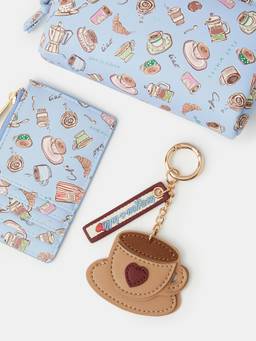 Accessorize London - Womens Blue Coffee Print Pouch, Zipped Card Holder And Bag Charm