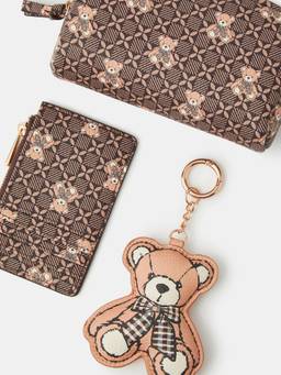 Accessorize London - Womens Brown Bear Print Pouch, Zipped Cardholder And Bag Charm