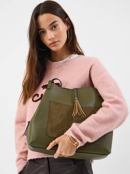 Accessorize London - Womens Green Suedette Pocket Tassel Shopper Tote Bag