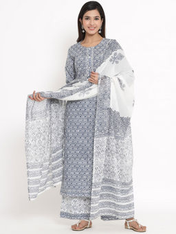 Kipek - Womens Printed Cotton Fabric Kurta, Palazzo And Dupatta Blue Color (Set of 3)