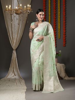 Akhilam - Womens Organza Sea Green Woven Design Designer Saree with Unstitched Blouse
