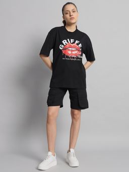 Griffel - Women Black Graphic T-Shirt And Shorts (Set of 2)
