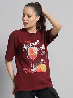 Griffel - Women Cocktail Oversized Maroon T-Shirt