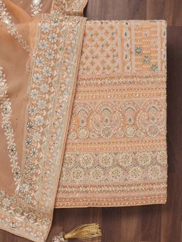 Koskii - Peach Thread Work Georgette Unstitched Kurta and Unstitched Bottom with Dupatta (Set of 3)