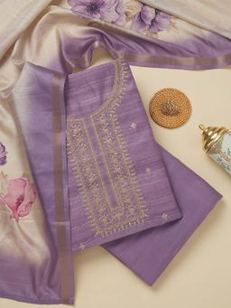 Koskii - Purple Zari Raw Silk Unstitched Kurta and Unstitched Bottom with Dupatta (Set of 3)