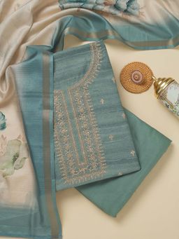 Koskii - Sea Green Zari Raw Silk Unstitched Kurta and Unstitched Bottom with Dupatta (Set of 3)