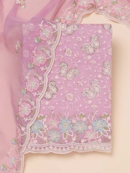 Koskii - Pink Embroidered Tissue Unstitched Kurta and Unstitched Bottom with Dupatta (Set of 3)