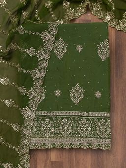 Koskii - Mehendi Zari Semi Crepe Unstitched Kurta and Unstitched Bottom with Dupatta (Set of 3)