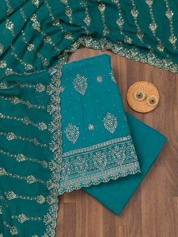 Koskii - Blue Zari Semi Crepe Unstitched Kurta and Unstitched Bottom with Dupatta (Set of 3)