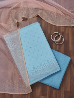 Koskii - Sky Blue Embellished Tissue Unstitched Kurta and Unstitched Bottom with Dupatta (Set of 3)