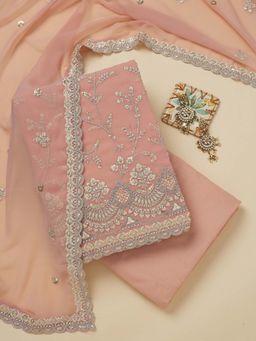 Koskii - Peach Thread Work Georgette Unstitched Kurta and Unstitched Bottom with Dupatta (Set of 3)