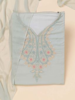 Koskii - Grey Thread Work Organza Unstitched Kurta and Unstitched Bottom with Dupatta (Set of 3)