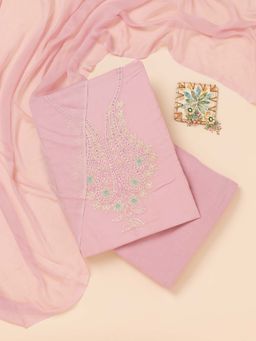Koskii - Lavender Thread Work Organza Unstitched Kurta and Unstitched Bottom with Dupatta (Set of 3)