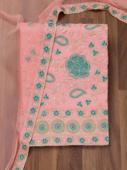 Koskii - Pink Thread Work Georgette Unstitched Kurta and Unstitched Bottom with Dupatta (Set of 3)
