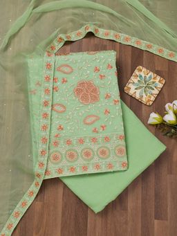 Koskii - Pista Green Thread Work Unstitched Kurta and Unstitched Bottom with Dupatta (Set of 3)