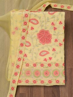 Koskii - Yellow Thread Work Unstitched Kurta and Unstitched Bottom with Dupatta (Set of 3)