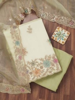 Koskii - Off White Zari Semi Crepe Unstitched Kurta and Unstitched Bottom with Dupatta (Set of 3)