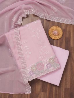 Koskii - Pink Zari Semi Crepe Unstitched Kurta and Unstitched Bottom with Dupatta (Set of 3)