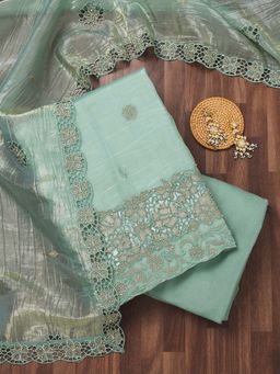 Koskii - Sea Green Zari Semi Crepe Unstitched Kurta and Unstitched Bottom with Dupatta (Set of 3)