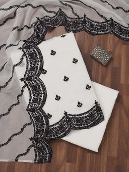 Koskii - White Zari Semi Crepe Unstitched Kurta and Unstitched Bottom with Dupatta (Set of 3)