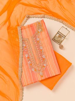Koskii - Orange Printed Organza Unstitched Kurta and Unstitched Bottom with Dupatta (Set of 3)