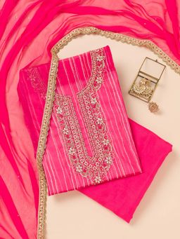 Koskii - Rani Pink Printed Organza Unstitched Kurta and Unstitched Bottom with Dupatta (Set of 3)