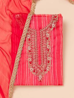 Koskii - Red Printed Organza Unstitched Kurta and Unstitched Bottom with Dupatta (Set of 3)