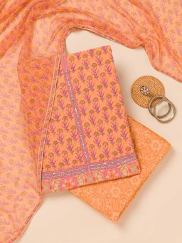Koskii - Peach Printed Semi Crepe Unstitched Kurta and Unstitched Bottom with Dupatta (Set of 3)