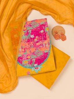 Koskii - Mustard Floral Semi Crepe Unstitched Kurta and Unstitched Bottom with Dupatta (Set of 3)