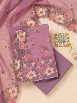 Koskii - Lavender Thread Work Tissue Unstitched Kurta and Unstitched Bottom with Dupatta (Set of 3)