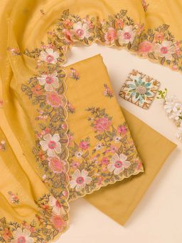 Koskii - Mustard Thread Work Tissue Unstitched Kurta and Unstitched Bottom with Dupatta (Set of 3)