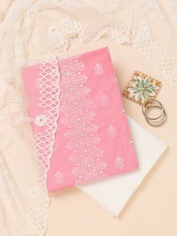 Koskii - Pink Zari Chanderi Unstitched Kurta and Unstitched Bottom with Dupatta (Set of 3)