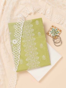 Koskii - Leaf Green Zari Chanderi Unstitched Kurta and Unstitched Bottom with Dupatta (Set of 3)