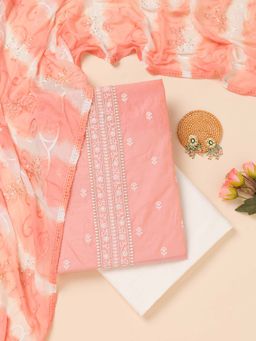 Koskii - Peach Zari Chanderi Unstitched Kurta and Unstitched Bottom with Dupatta (Set of 3)