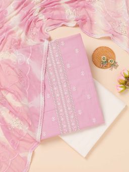 Koskii - Pink Zari Chanderi Unstitched Kurta and Unstitched Bottom with Dupatta (Set of 3)