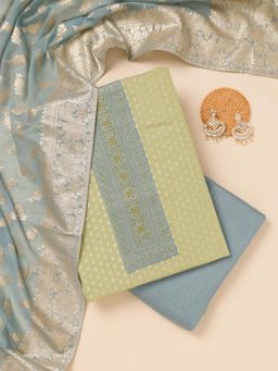 Koskii - Pista Green Zari Banarasi Unstitched Kurta and Unstitched Bottom with Dupatta (Set of 3)