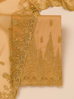 Koskii - Mustard Thread Work Tissue Unstitched Kurta and Unstitched Bottom with Dupatta (Set of 3)