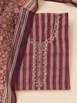 Koskii - Wine Printed Tissue Unstitched Kurta and Unstitched Bottom with Dupatta (Set of 3)