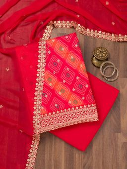 Koskii - Red Printed Tissue Unstitched Kurta and Unstitched Bottom with Dupatta (Set of 3)