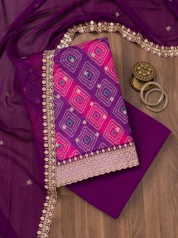 Koskii - Purple Printed Tissue Unstitched Kurta and Unstitched Bottom with Dupatta (Set of 3)