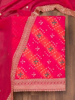 Koskii - Rani Pink Printed Tissue Unstitched Kurta and Unstitched Bottom with Dupatta (Set of 3)