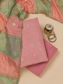 Koskii - Pink Zari Georgette Unstitched Kurta and Unstitched Bottom with Dupatta (Set of 3)