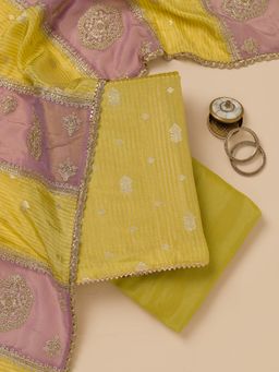 Koskii - Mehendi Zari Georgette Unstitched Kurta and Unstitched Bottom with Dupatta (Set of 3)